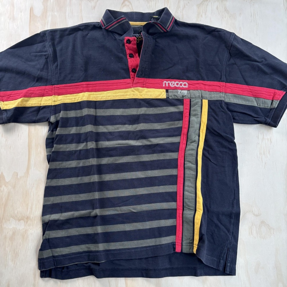 Mecca USA Polo Shirt Mens XL Multicolor‎ Stripe Colorblock Rugby Y2K Streetwear